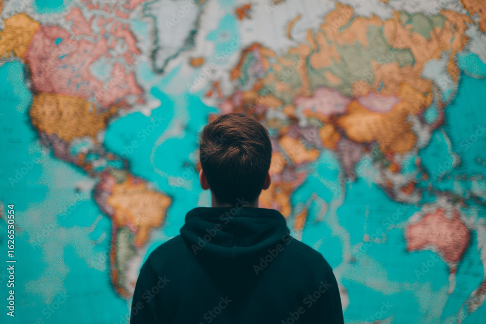 Obraz premium Travel long flights concept, Standing facing world map contemplating future long travel trips while planning exciting flights and dreaming of next