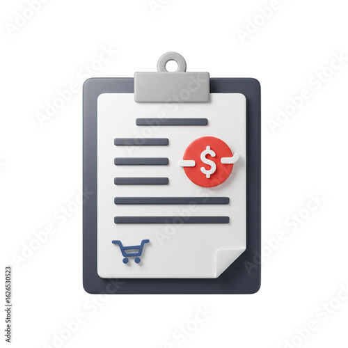 3d illustration of a clipboard with a document, shopping cart icon, and dollar sign, isolated on transparent background