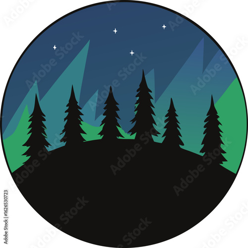 Silhouette of pine trees under aurora borealis isolated on transparent background