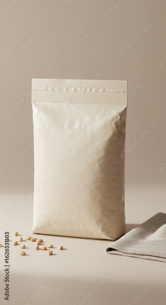 Modern mockup of a textured grain bag, 45-degree angle, accompanied by a cloth handkerchief, soft lighting, no labels, elegant advertising display. Modern mockup of a textured grain bag, 45-degree angle, accompanied by a cloth handkerchief, soft lighting, no labels, elegant advertising display.
