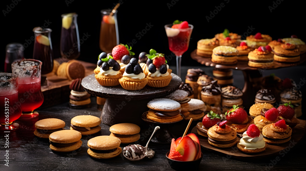 Fototapeta premium A colorful assortment of desserts and beverages on a dark wooden table.