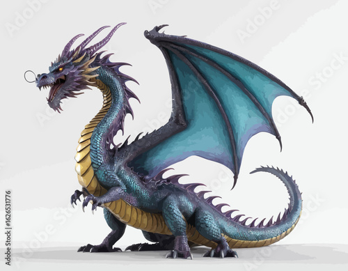 The dragon is depicted in a powerful, four-legged stance, looking to the left with its mouth open in a roar or a snarl, revealing a row of sharp teeth. Its body is a beautiful, textured blue-gray with