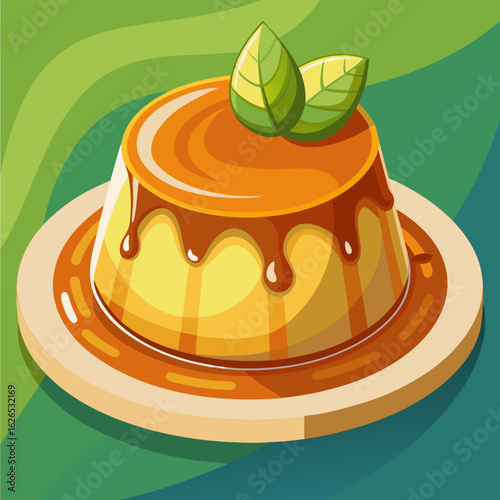 Caramel custard dessert with decorative mint leaves on a wooden plate. Sweet treat presented in a vibrant cartoon style.