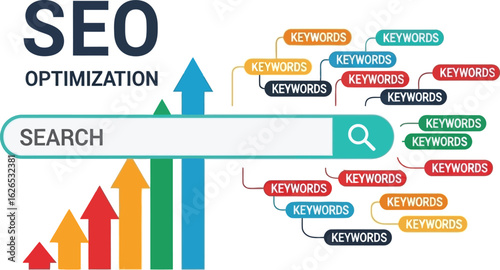 Seo optimization with search bar, arrows pointing up, and keywords floating around the search bar