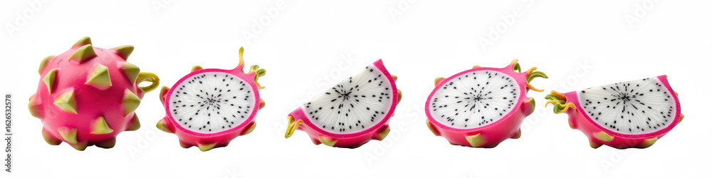 Obraz premium Vibrant dragon fruit slices showcase unique texture and color, highlighting exotic appeal of this tropical fruit