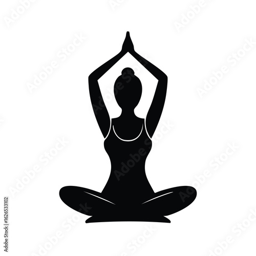 A serene silhouette of a woman in a seated yoga pose with hands joined overhead, an icon for meditation, wellness, and harmony.