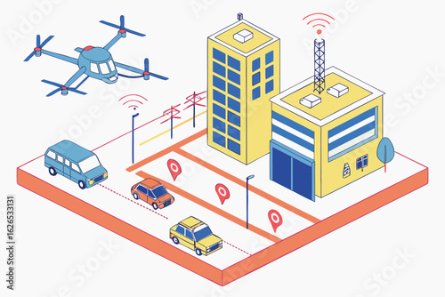 Isometric view of a drone flying over cars on a road with buildings streetlights and location markers shown