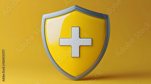 Yellow Shield with White Cross Emblem Representing Health and Security Against a Solid Yellow Background in a Protective Concept