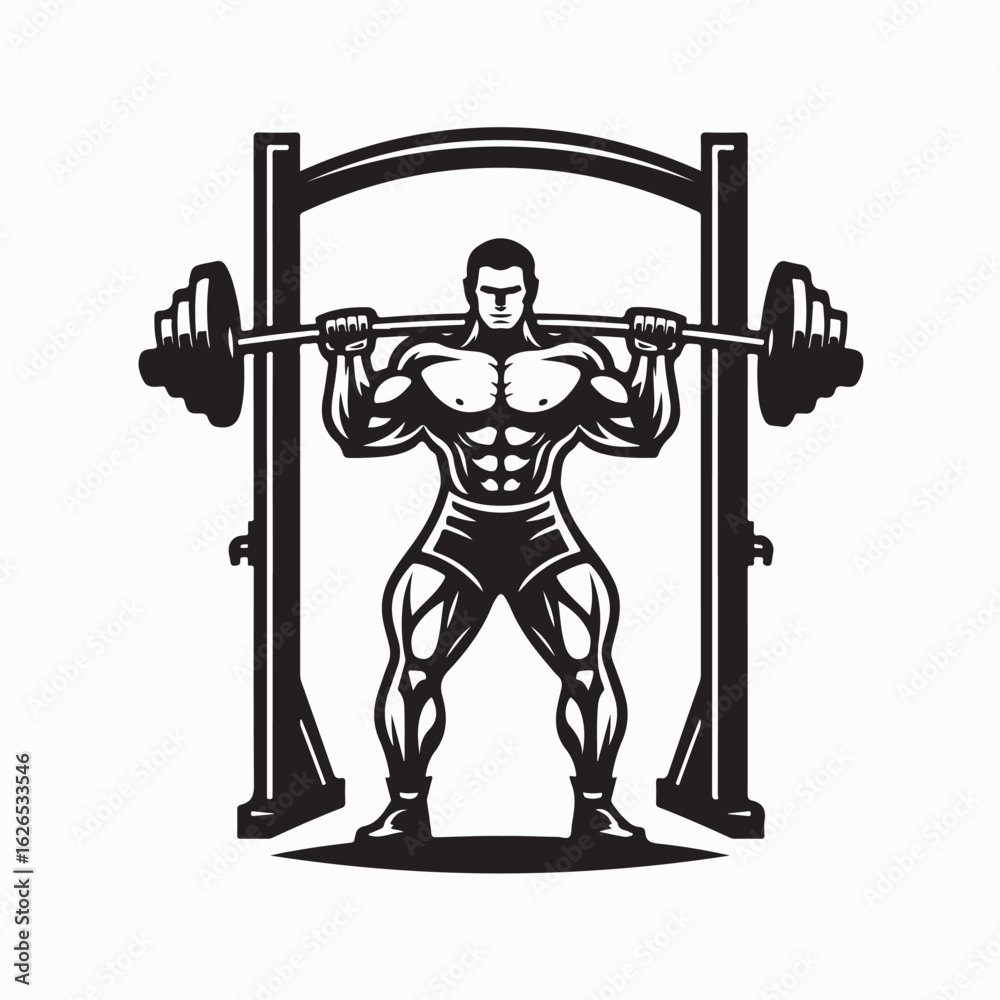 Fototapeta premium Muscular Man Exercising on Power Rack in Gym Fitness Vector Illustration