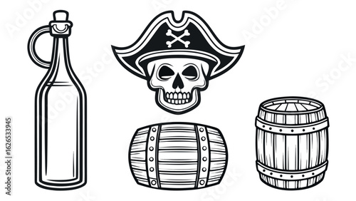 Pirate skull with hat, rum bottle and barrels in vintage black and white illustration

