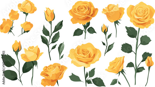 Collection of vibrant yellow roses and buds with green leaves on a white background