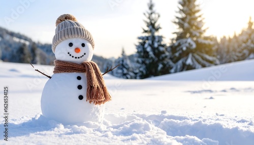 Cheerful Snowman in Winter Wonderland with Knitted Hat and Scarf