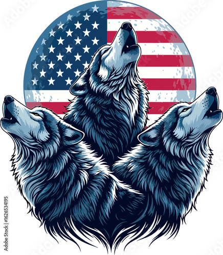 Wolves Howling with American Flag Moon Illustration.