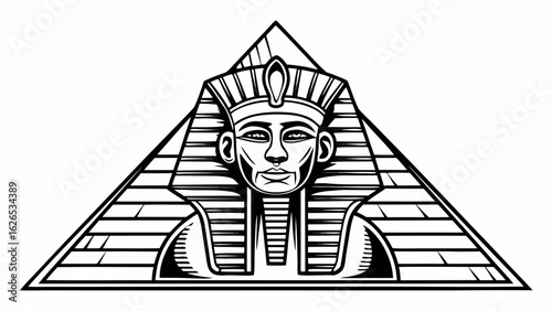 Egyptian pharaoh with pyramid background in detailed line drawing style
