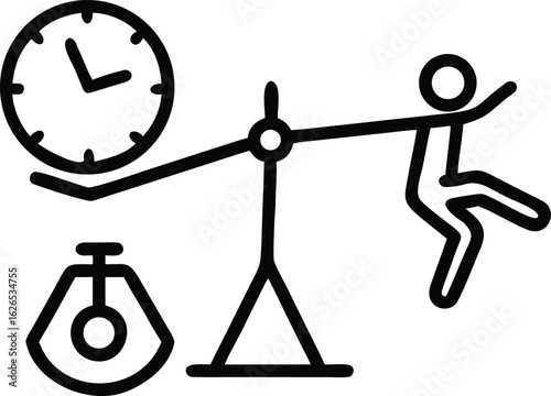 Illustration of a person and a clock on a balance scale, symbolizing worklife balance, isolated on white background