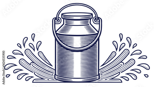 Vintage metal milk can with splash effect in hand drawn line illustration
