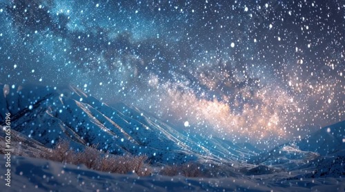 Timelapse of starry night sky over blue mountains with animated falling snow, magical winter atmosphere
