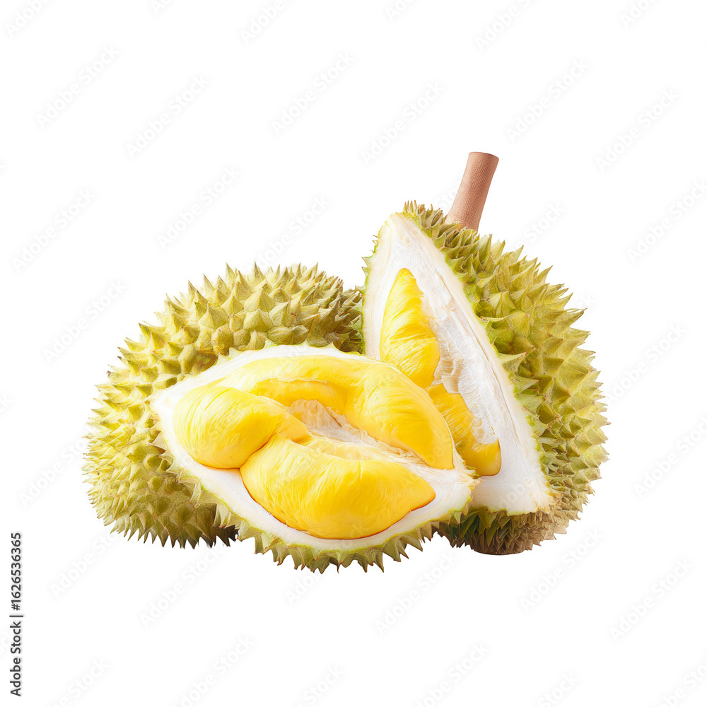 Fototapeta premium Durian halves, vibrant yellow flesh