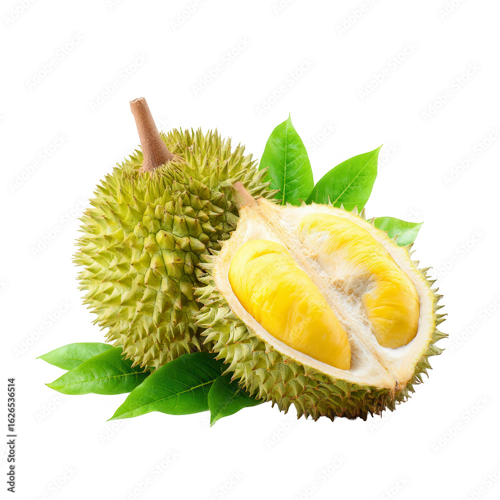 Fototapeta premium Fresh durian fruit, halved, with leaves (2)