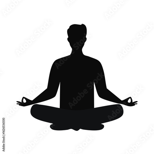 A serene silhouette of a man in the lotus yoga pose, a simple vector icon symbolizing meditation, mindfulness, inner peace, and wellness.