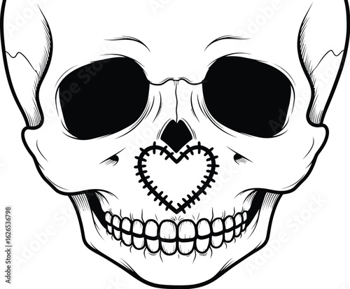 White Skull with Stitched Heart, a Symbol of Mending, Healing