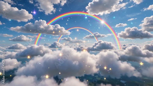 Fluffy rainbow clouds and stars