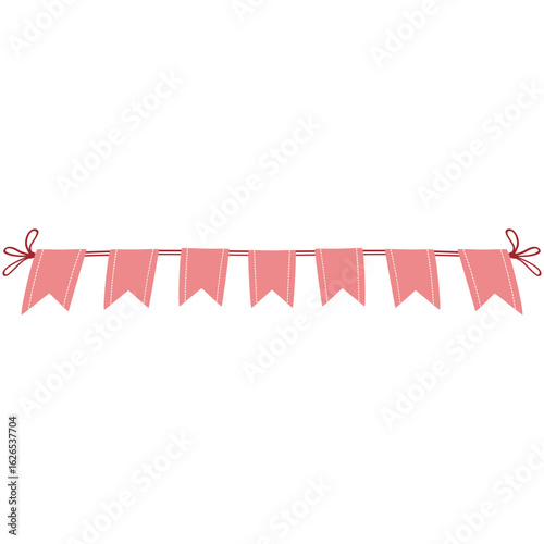Small vertical pink flags evenly spaced on ribbon string, perfect for minimalist party design or cute festive borders.