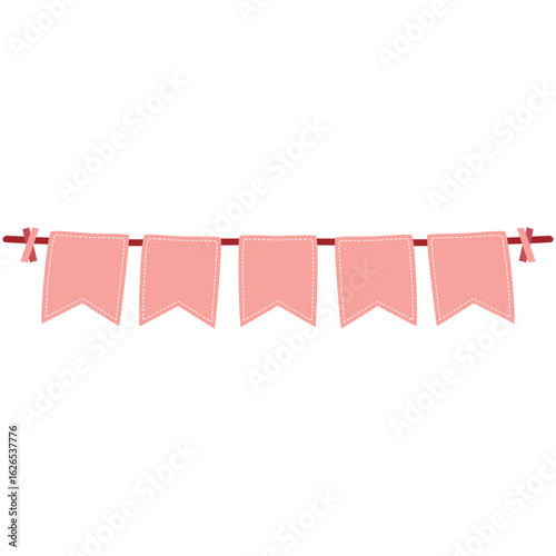 Vertical pink flags with pointed ends, evenly spaced on string with bows, ideal for decoration or scrapbook assets.