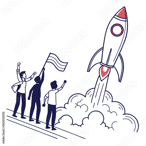 Diverse group of people celebrating a rocket launch with a pride flag symbolizing progress and inclusivity