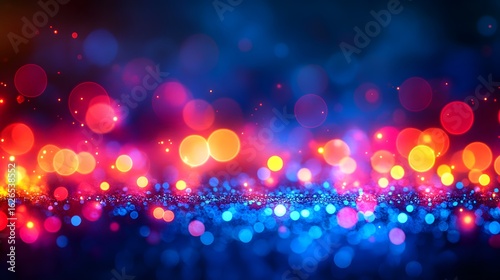 Colorful bokeh lights on a dark background.