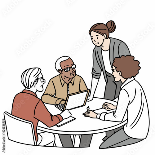Diverse team of four people collaborating around a table with a laptop and notebooks