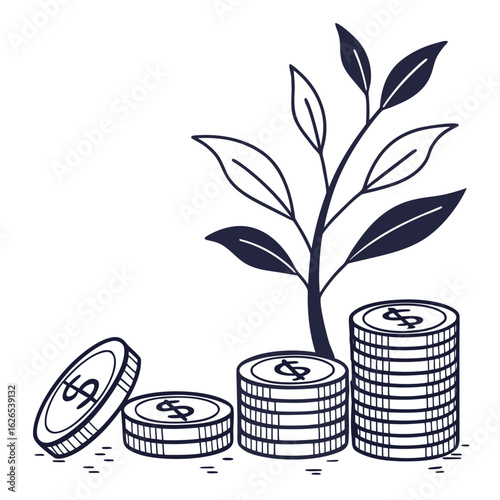 Growing money tree with stacks of coins symbolizing financial growth and investment success