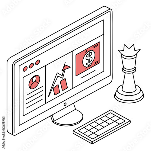 Isometric illustration of a computer displaying financial data and a chess queen symbolizing strategy