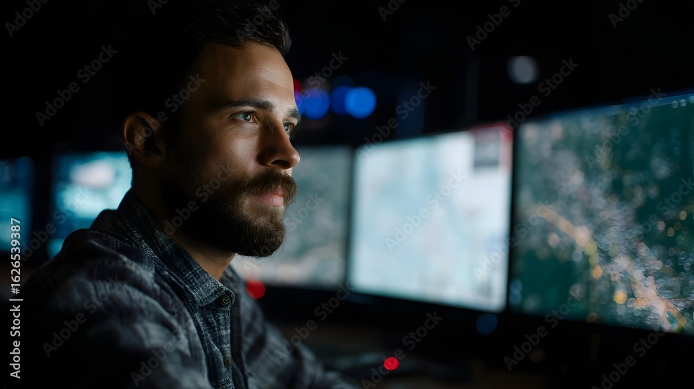 Fototapeta premium Logistics manager tracking shipments on multiple screens