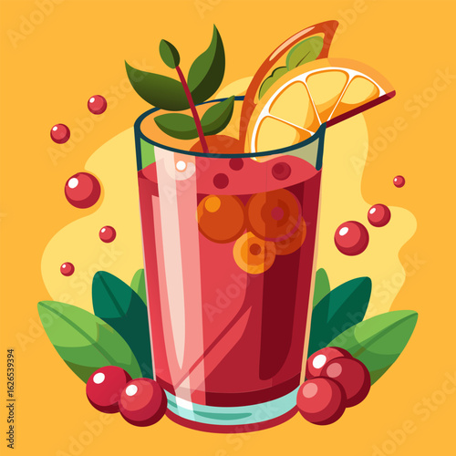 A vibrant. cartoon style depiction of a fruit smoothie in a glass with orange and cranberry accents.