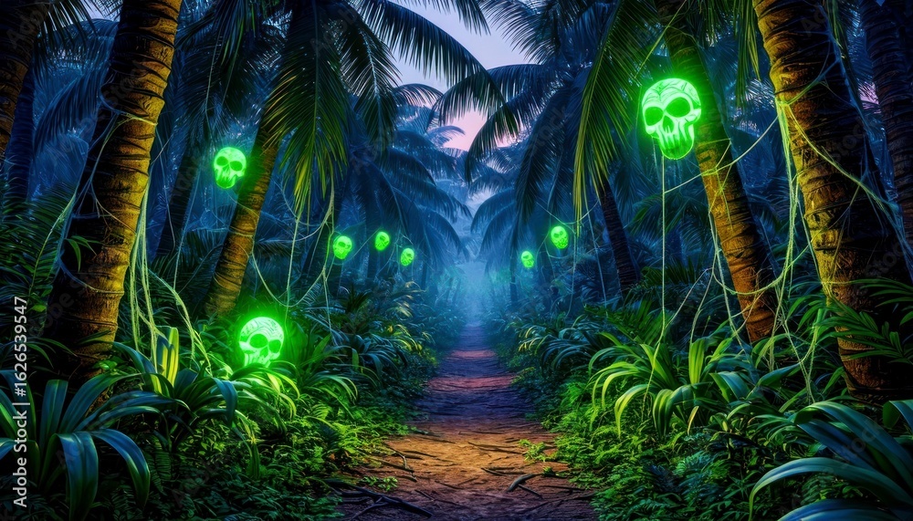 Fototapeta premium A spooky Halloween scene in a dense jungle. Green glowing skulls hang from palm trees, illuminating a misty path surrounded by lush foliage.