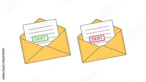 Debt notification letters in yellow envelopes with green and red labels
