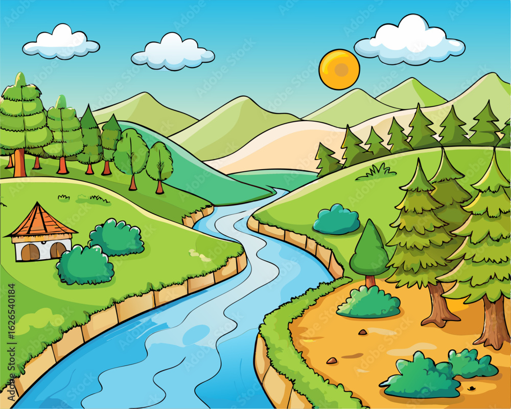 Fototapeta premium Serene Cartoon Landscape with River and Hills