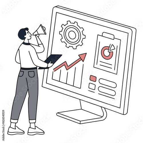 Person with megaphone presenting business growth and data analytics on a computer screen
