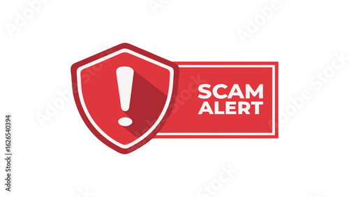 Red scam alert shield icon with exclamation mark warning for digital security
