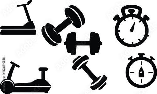 Fitness Equipment and Stopwatch Icon Set in Black Silhouette
