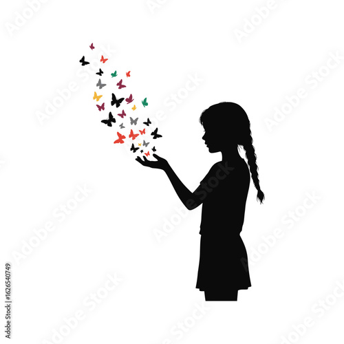 Silhouette of girl releasing colorful butterflies from her hand vector illustration