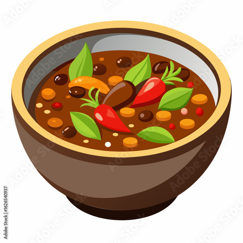 Chili in a brown bowl with various vegetables and spices. A colorful depiction of chili in a ceramic bowl. ideal for food photography or culinary content.
