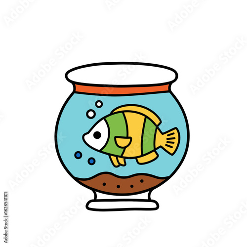 Cartoon fish swimming in a colorful fishbowl with bubbles  