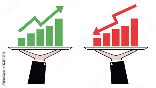 Green rising and red falling bar charts held on trays for financial analysis
