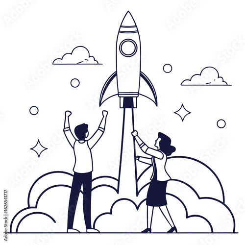 Two people celebrate as a rocket launches into the sky with clouds and stars