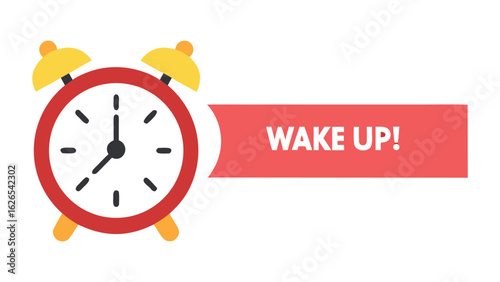 Red alarm clock with wake up message in flat minimal style
