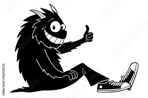 A friendly black monster character sitting and giving a thumbs up sign. Cheerful furry creature with a goofy grin and high-top sneakers in a cartoon style.