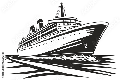 Vintage cruise ship sailing on the ocean. Vector illustration of a luxury sea liner for a travel and vacation concept.