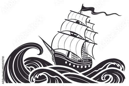 Engraving style illustration of an old sailing ship on stormy waves. A majestic galleon navigating a turbulent ocean on a historic voyage.